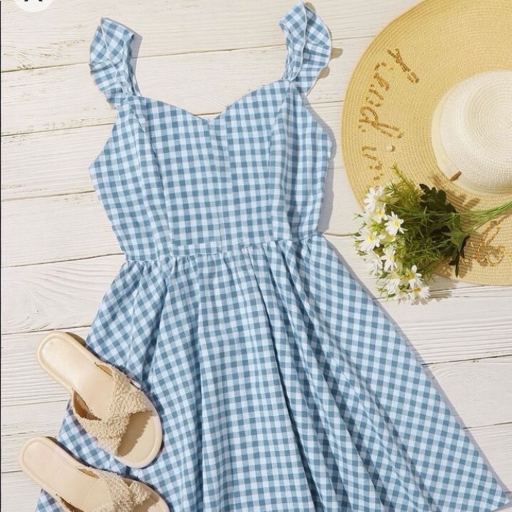 Ruffle Trim Shirred Back Gingham Dress